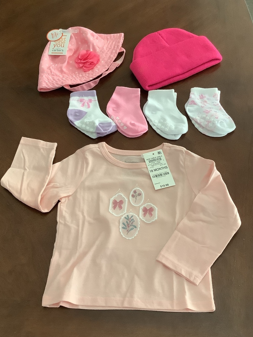 Carter's Light Pink Top with Pink Sun Hat, Hot Pink Beanie & Pastel Socks
